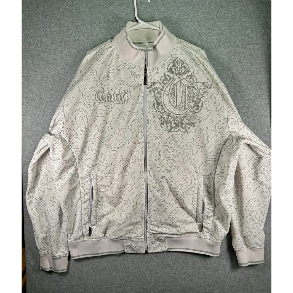 Collar* COOGI Track Jacket Mens XXXL Y2K white Scroll Pattern Embroidered zip